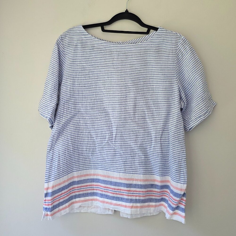 L.L. BEAN 100% Linen Blouse | Med | Short Sleeve Stripes Ballet Neck Buttons
